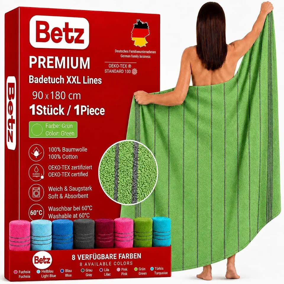 Betz Badetuch XXL Lines 90x180 cm – 100% Baumwolle, weich & saugstark – Strandtuch groß für Urlaub, Pool, Sauna & Outdoor – modernes Streifendesign Farbe grün