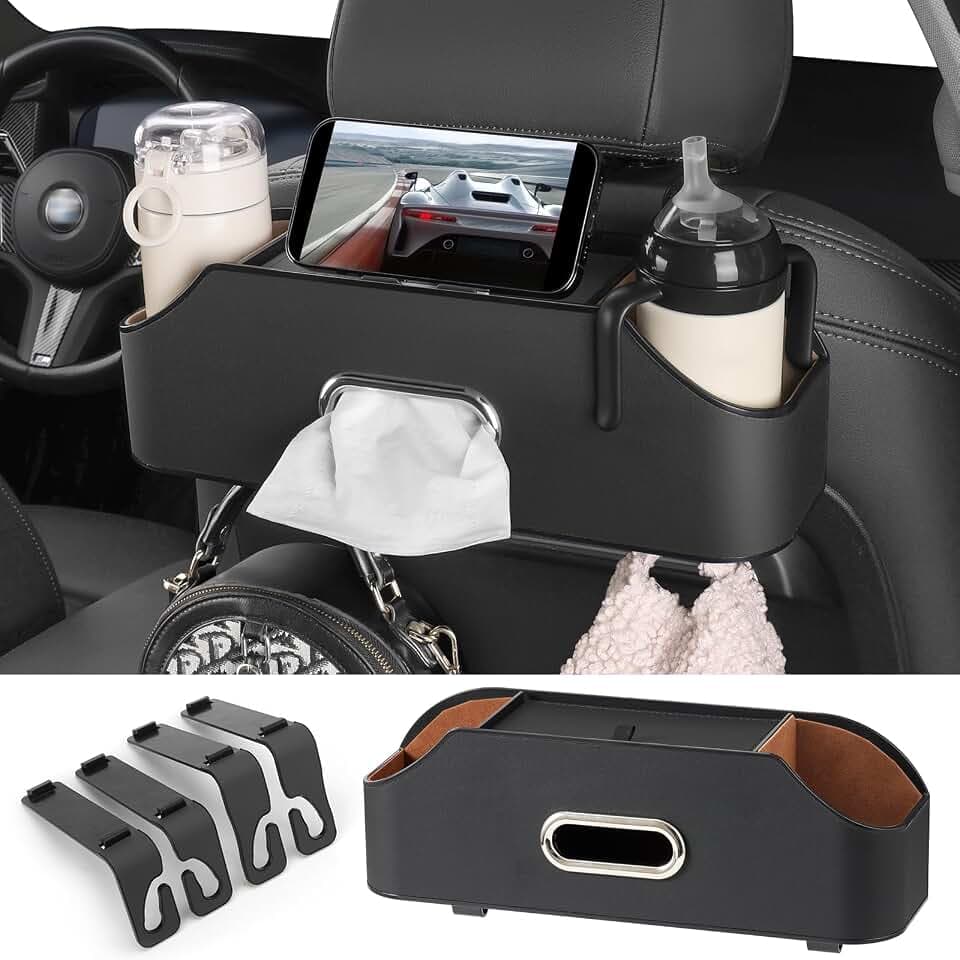Car Seat Back Cup Holder, 4-in-1 Multifunctional Backseat Organizer with Tissue Box Storage & Hooks (Black)