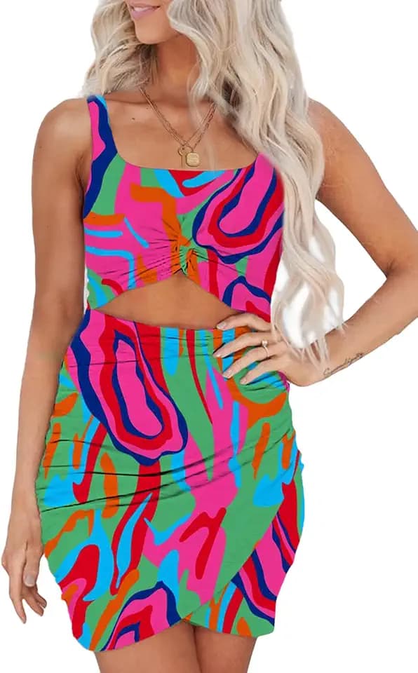 Acelitt Summer Dresses for Women 2025 Cut Out Twist Front Ruched Wrap Bodycon Sleeveless Party Club Mini Dress Beach Sundress