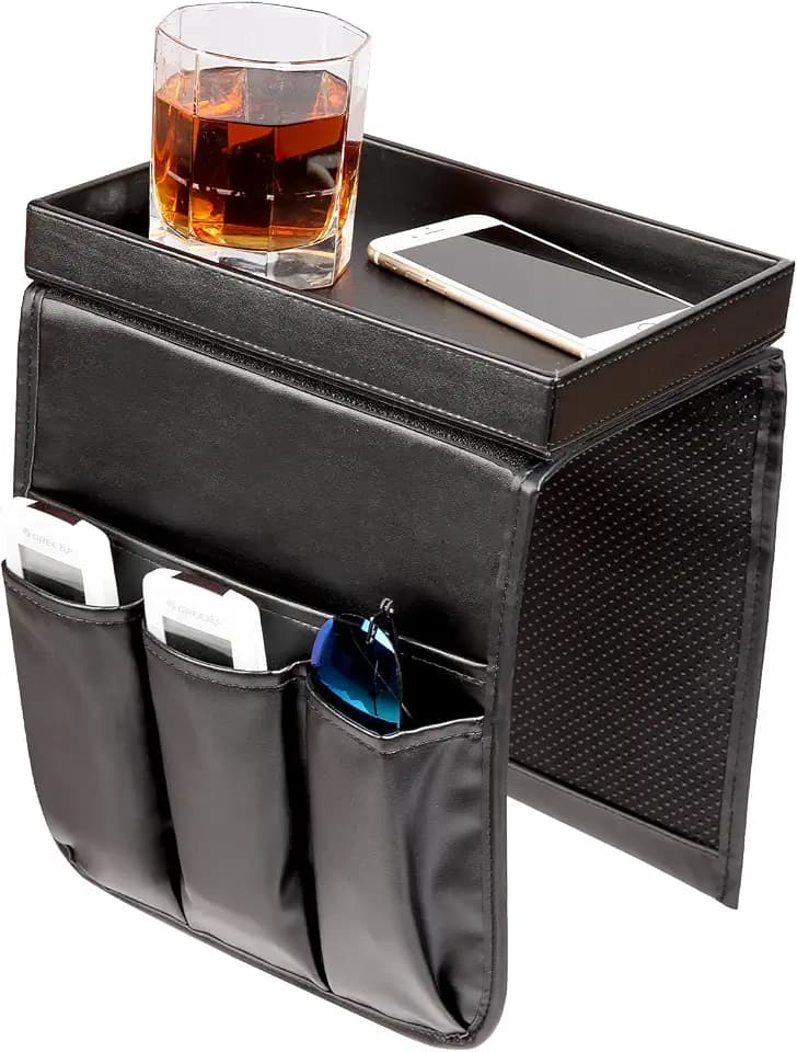 Couch Caddy, Armchair caddy with Detachable Tray, Non-Slip PU Leather Remote Control Holder for Recliner with 5 Pockets (Black)