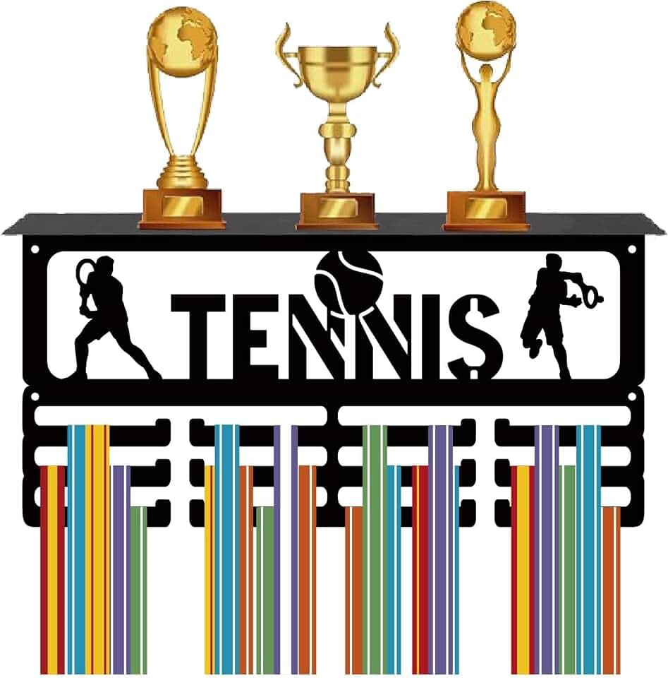 CREATCABIN Tennis-Medaillenaufhänger,Medaillenhalter Mit Ablage,Sport-Eisengestell,Wandmontage,Rahmen,Metalltrophäen-Medaillenaufhänger,Organizer Zum Aufhängen,Auszeichnungen,40x20x10cm,Schwarz