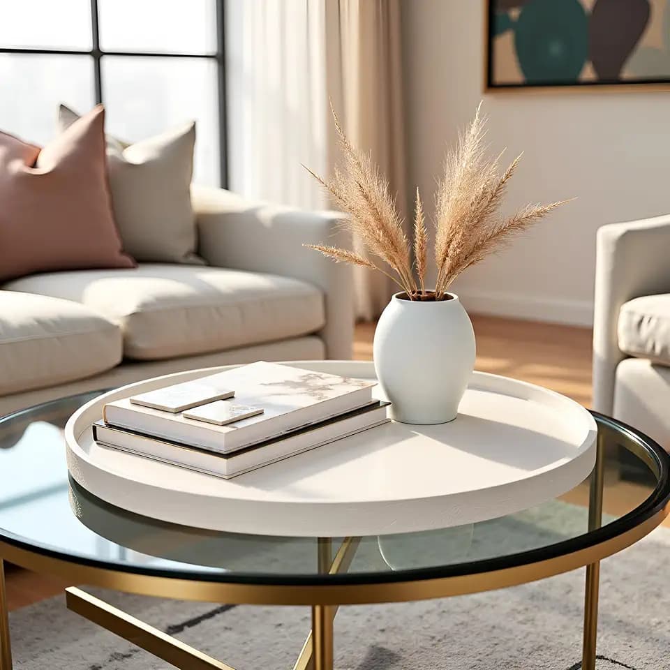 25 Inch Round Ottoman Tray - Faux Leather Large Serving Tray for Couch/Coffee Table, Family Dinner, Picnic, Party Decor (25 inch Beige)
