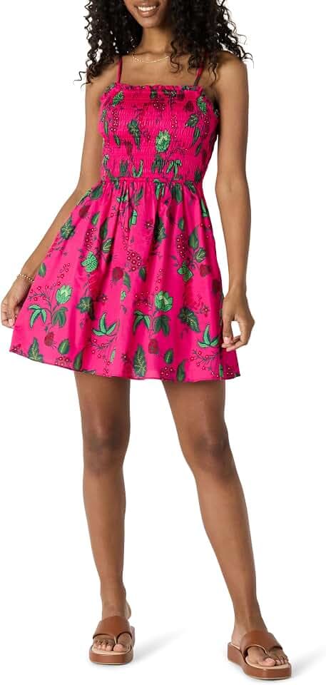 Amazon Essentials Damen Regular-Fit-Kleid Aus Baumwollsatin Mit Gesmoktem Mieder