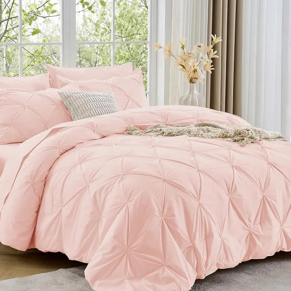 Sasttie Queen Comforter Set, 7-Piece Bed in a Bag, Pintuck Bedding Sets for All Season, Includes Comforter, Flat Sheet, Fitted Sheet, Pillowcases and Pillowshams, Blush Pink