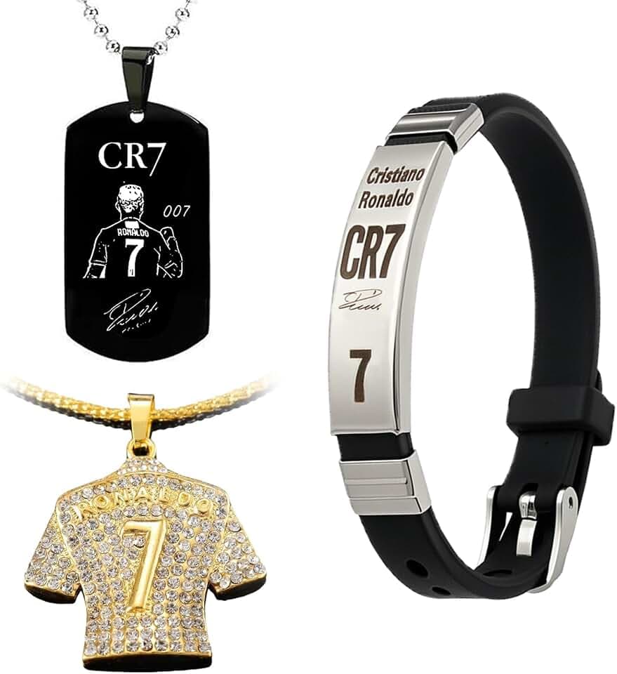 3 Stück Fußball Accessoire Set mit CR7 Armband, schwarzem und goldenem Anhänger - Sportlicher Schmuck für Fußballfans und Spieler, Fußball Trikot Halskette Nr.7 Fussball Jersey Halskette Gold