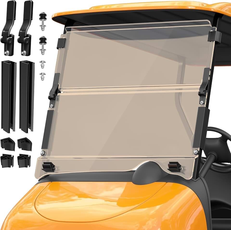Upgrade Golf Cart Windshield for EZGO RXV 2008-UP Gas/Electric Models, Foldable EZGO RXV Windshield with Heavy Duty Hinges, Anti-UV&Impact Resistant, 5MM Thick PC Material, 1-1/4" Struts Rail