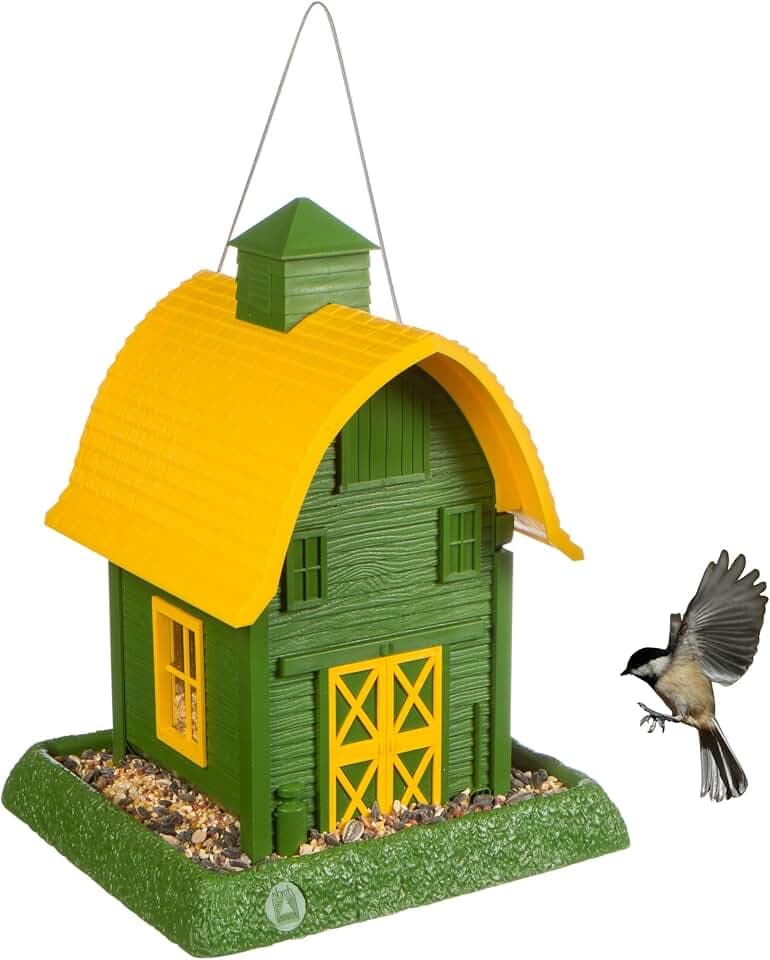 North States Village Collection Green Barn Birdfeeder: Easy Fill and Clean. Squirrel Proof Hanging Cable included