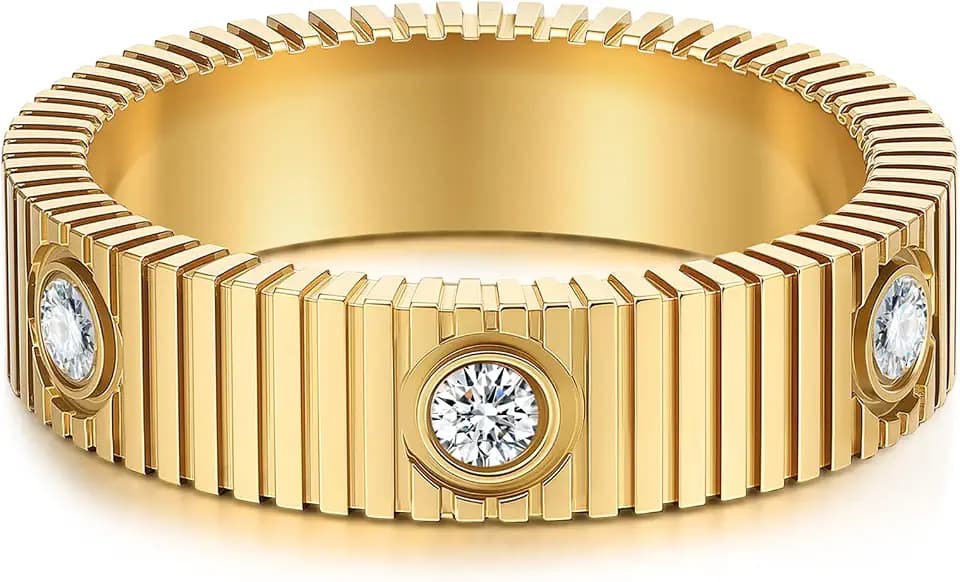 PDWZNBA Mothers Day Gifts for Mom Linear Stripe Textured Ring | 14K Gold-Plated Stainless Steel Promise & Friendship Ring, Wedding Band, Birthday Gifts for Women