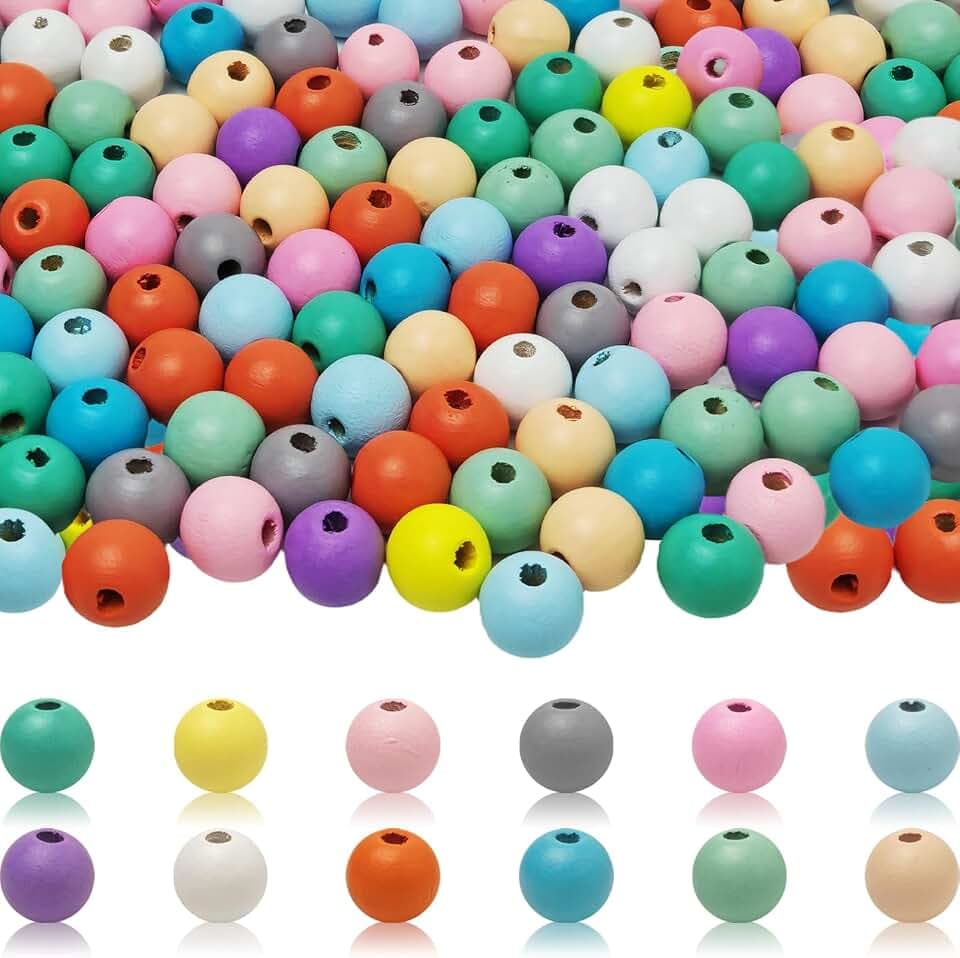 300 Holzperlen Bunt Rund 14mm 12 Farben Zum Auffädeln (Mit Perlennadeln)