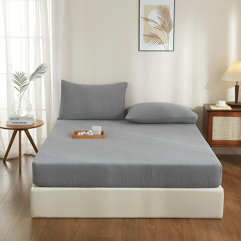 Doppelte Muslin Spannbettlaken 120x200cm 100% Baumwolle Grau Muslin Bettlaken 120x200cm Baumwolle Weich Atmungsaktiv Kuschelige Spannbetttuch Boxspringbett Geeignet für 30cm Matratze