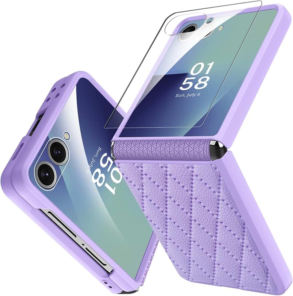 Miimall Kompatibel mit Samsung Galaxy Z Flip 7 Hülle mit Scharnierschutz & Displayschutz, [Elegant Leder] [Anti-Rutsch Textur] Ultradünn Stoßfest Handyhülle für Z Flip 7 Damen-Lila