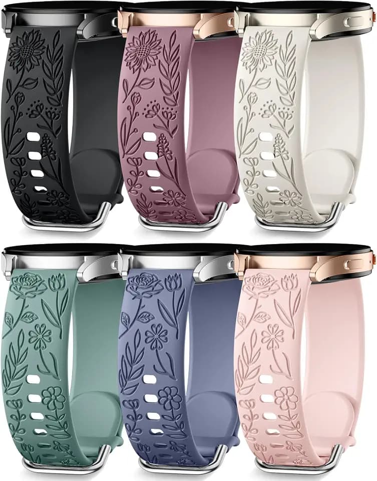 SNBLK 6 Pack Floral Engraved Bands Compatible with Samsung Galaxy Watch 7 Band 6 5 4 Active 2 FE 40mm 44mm/Watch 6/4 Classic/5 Pro/3, 20mm Cute Flower Silicone Sport Strap for Samsung Watch Bands Women