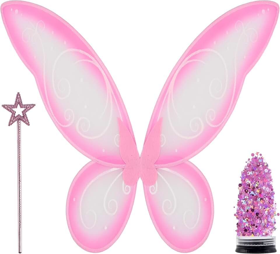 Pink Fairy Wings with Wand and Glitter, Adult Fairy Wings Costume Set for Women, Halloween Fairy Costume Accessories for Cosplay, Festival, Costume Party, Themed Event and Photo Booth