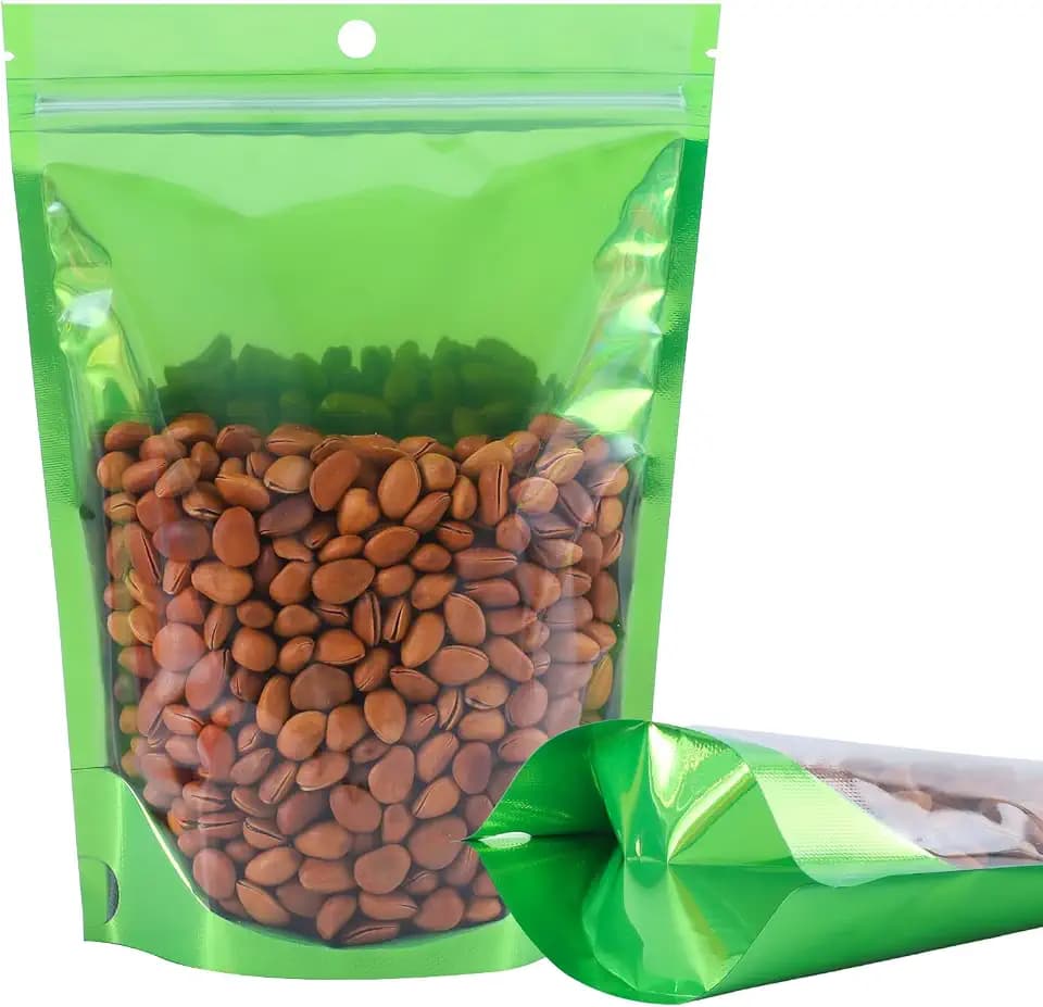 100 Pack Mylar Smell Proof Bags, Resealable Aluminum Foil Stand Up Pouches with Clear Window & Hang Hole, Reusable Zipper Lock Food Storage Heat Seal Sealable Bags for Packaging, Green 5.5×7.8 Inch