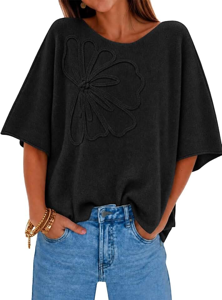 Cicy Bell Womens Oversized Short Sleeve Sweaters Tops Knit Fall Pullovers