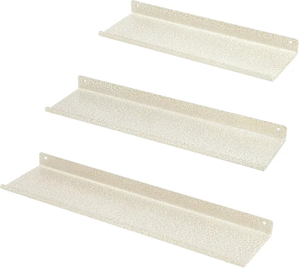 Uten Wandregal, Schweberegal aus Metall, 3er Set, Regale für Wände für Büche, Dekos, Wohnzimmer, Schlafzimmer, Badezimmer, Küche, Weiss, Weiß mit Goldstreifen