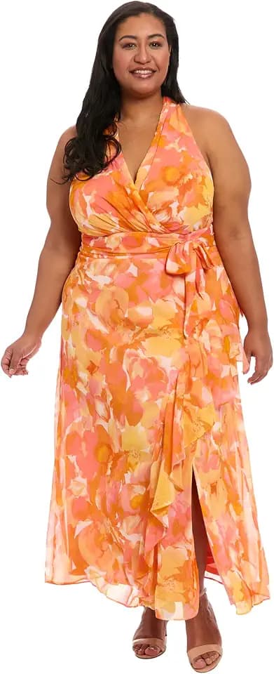 London Times Women's V-Neck Waist Tie Ruffle Cascade Dress for Women | Wedding Guest Dresses for Women