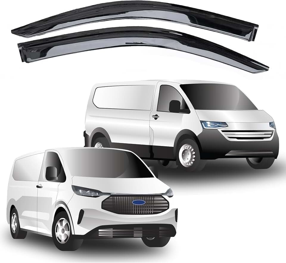 Passend für: Ford Transit Custom 2023+ Windabweiser & VW Transporter T7 (2025+) Scheibenabweiser – 2-teiliges externes Set, getönt, Premium-Aufklebe-Windabweiser für Fahrer und Beifahrer, Reduzierung