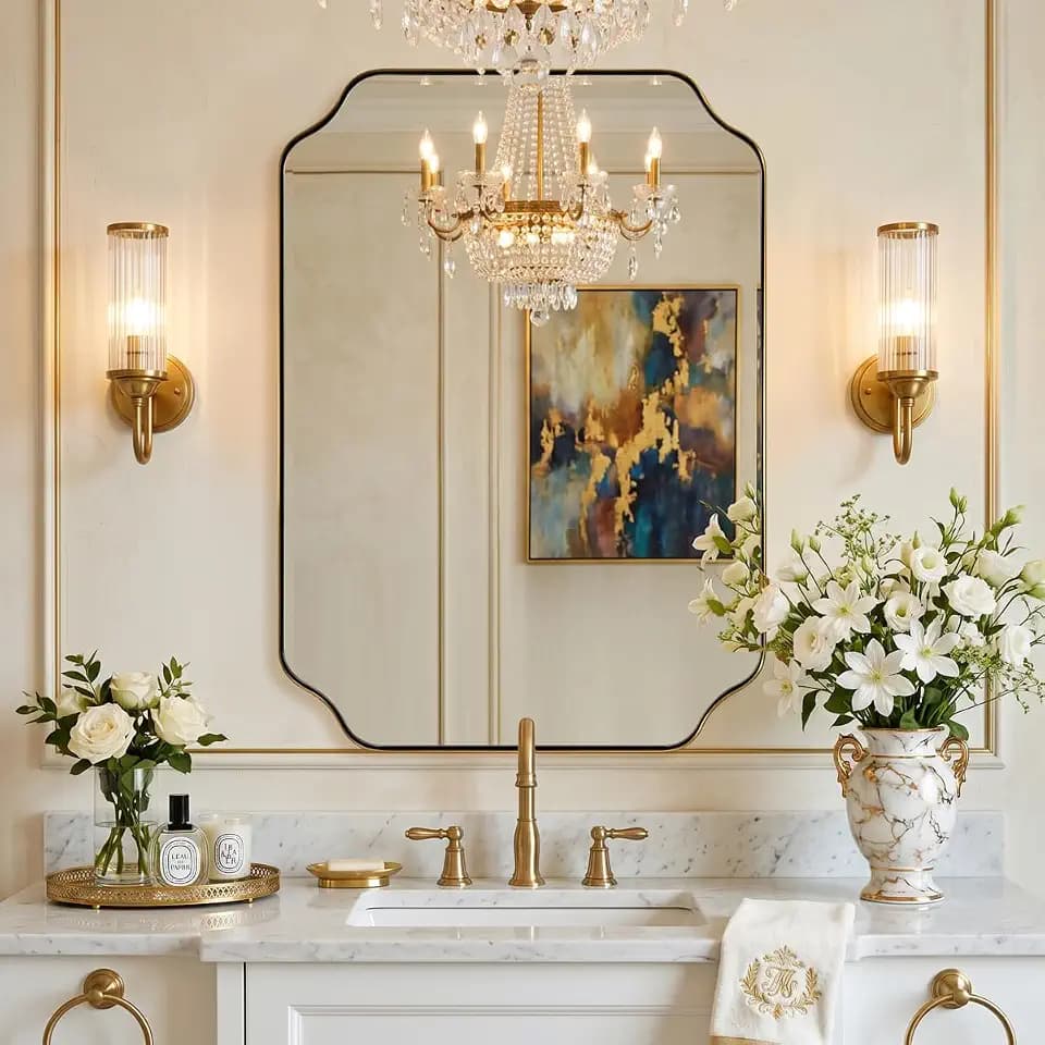 MIRRORART 20x28’’ Scalloped Gold Bathroom Mirror, Brushed Brass Metal Framed Decorative Wall Mirror, Elegant Rectangle Vanity Mirror for Bathroom, Bedroom & Entryway, Modern Farmhouse Home Remodel
