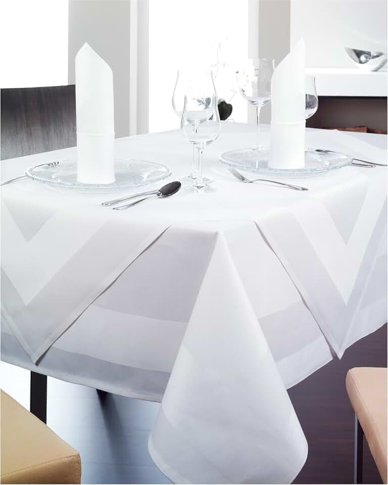Damast Tischdecke 140 x 320 cm weiß Atlaskante bei 95°C waschbar 100% Baumwolle hochwertige Vollzwirnqualität