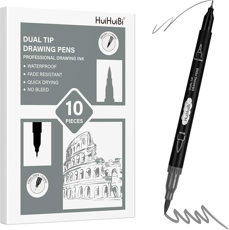 10pcs Grey Dual Tip Markers,Fine & Brush Tip Pens for Coloring
