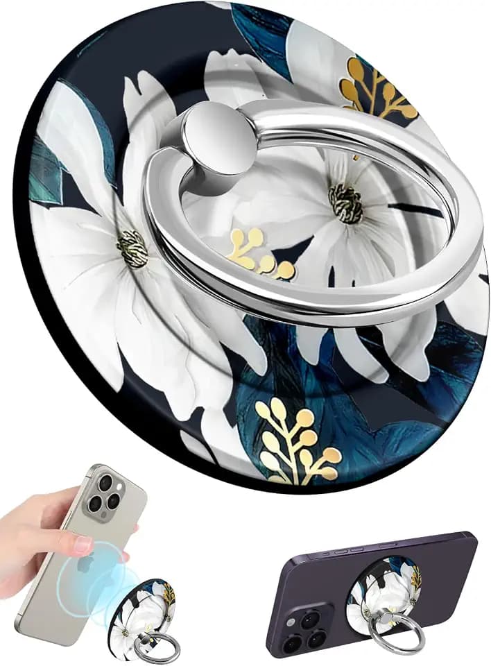 Lotadilo for Magnetic Phone Ring Holder Compatible with MagSafe for Women - Cute Design Magnet Phone Grip Ring Stand Kickstand for iPhone 17/16 Pro Max/16 Pro/16/15/14/13/12 Series, White Flower