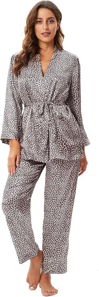 Escalier Women's Floral Silk Satin 3Pc Pajama Set Cami Robe Pants Sleepwear