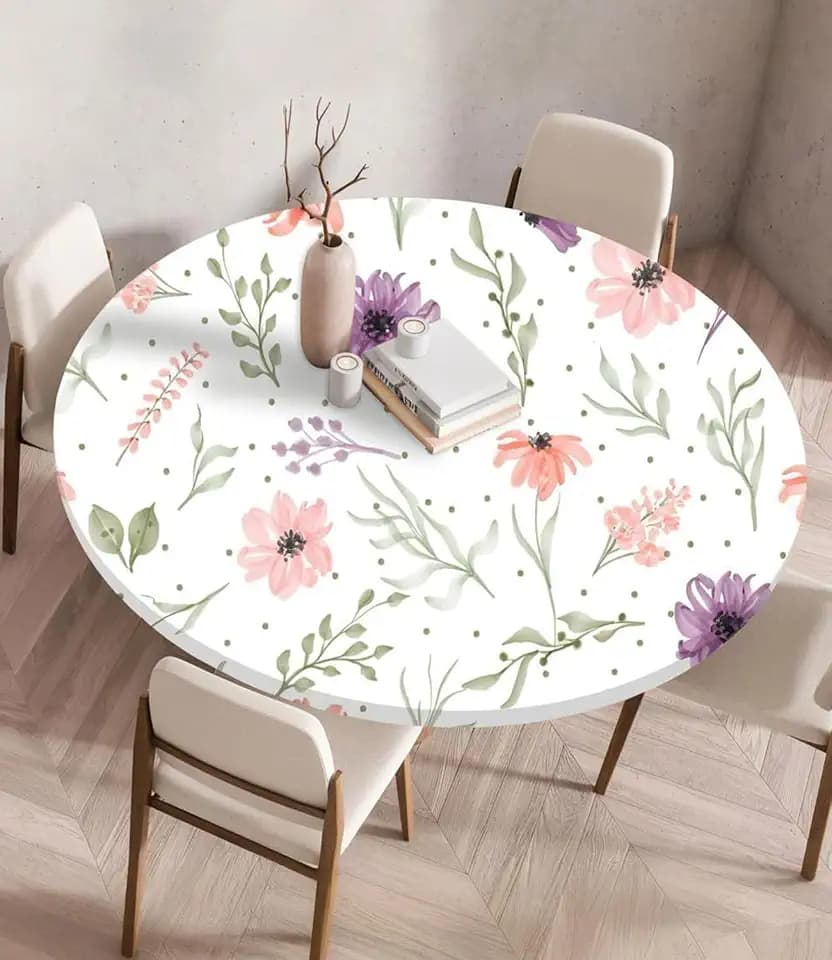 Highdi 3D Elastische Tischdecke Rund wasserdichte, Tischdecke Outdoor Round Blümchenmuster Spanntischdecke mit Gummizug für Esszimmer, Küche und Picknick (110cm,Botanische Blumen)