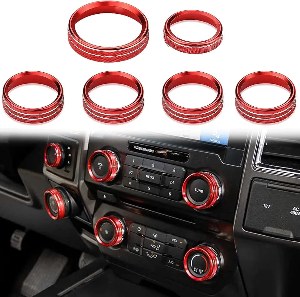 F150 XLT 4WD & Trailer Engine Knob AC VOL Air Conditioner Switch Cover Audio Trim Ring Center Console Knob Compatible for Ford F150 XLT Accessories 2015-2019 6PCS (Red)