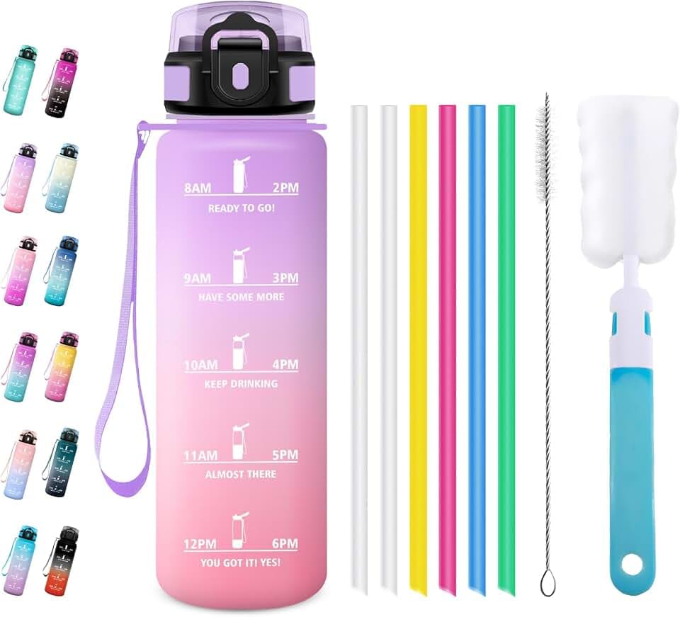 Trinkflasche 1L, Wasserflasche mit Strohhalm, Auslaufsicher, Kohlensäure Geeignet, Sportflasche mit Zeitmarkierung, für Schule, Camping