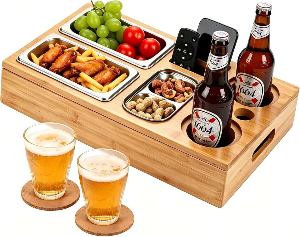 Couchbar Snackbox, Bambus Sofa Tablett mit 2 Getränkehaltern
