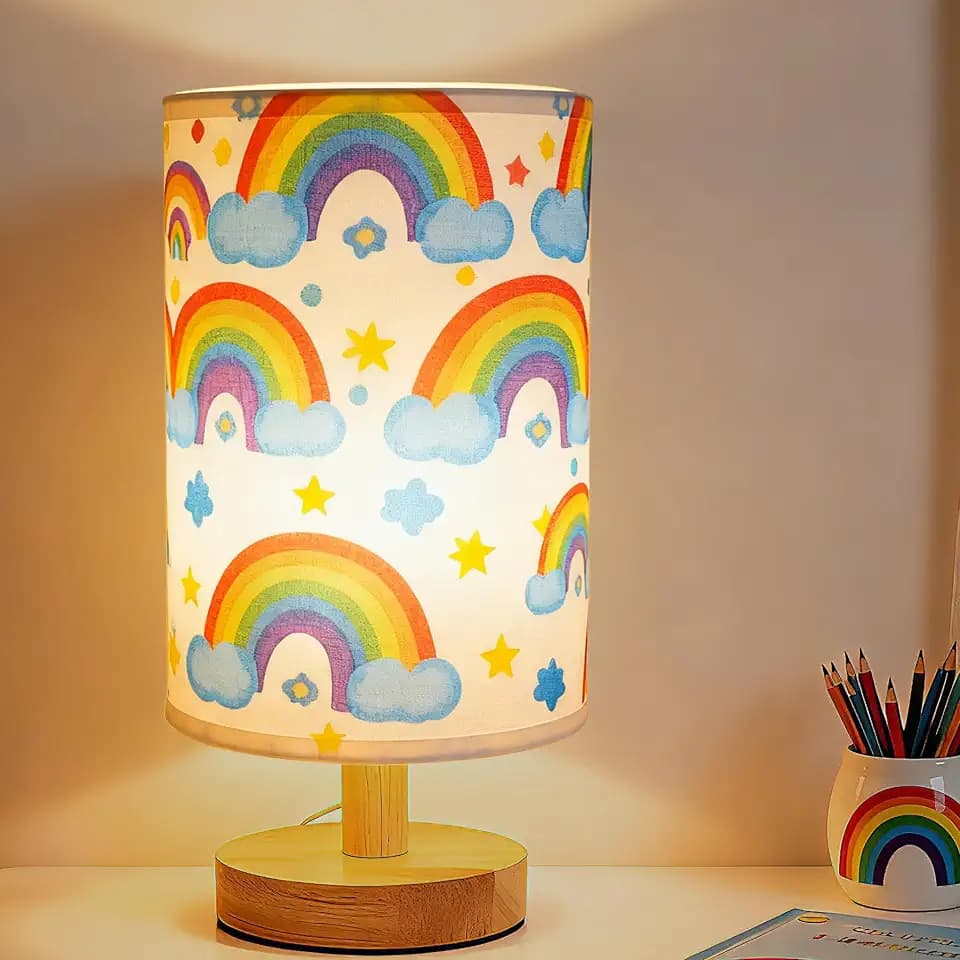 Rainbow Lamp for Girls Bedroom, 3 Colors Nightstand Light Lamp, Round Wood Base Flaxen Fabric Desk Lamp for Kids Room, Colorful Lamp Gift for Girls (LED Bulb Included) (Rainbow)