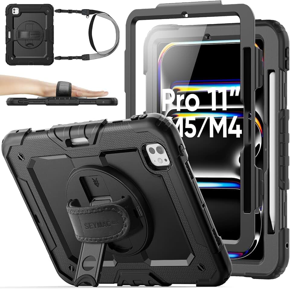 SEYMAC stock Case for iPad Pro 11-inch M5-M4 2025-2024, Shockproof Heavy Duty Case with Screen Protector, Pencil Holder, Rotating Stand, Hand Strap, Shoulder Strap, Black