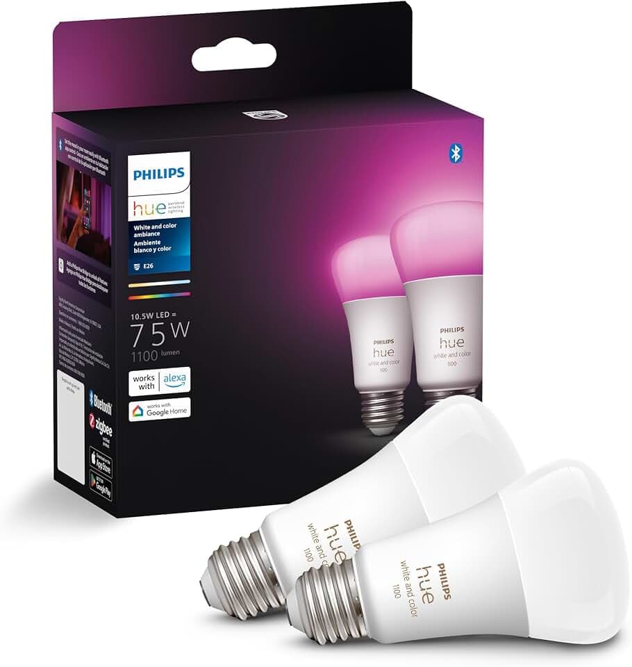 Philips Hue A19 LED Smart Light Bulbs - Flicker-Free 75w Light Bulbs - Control with Hue App - Compatible with Alexa, Google Assistant, and Apple HomeKit - E26 Base - 2 Pack