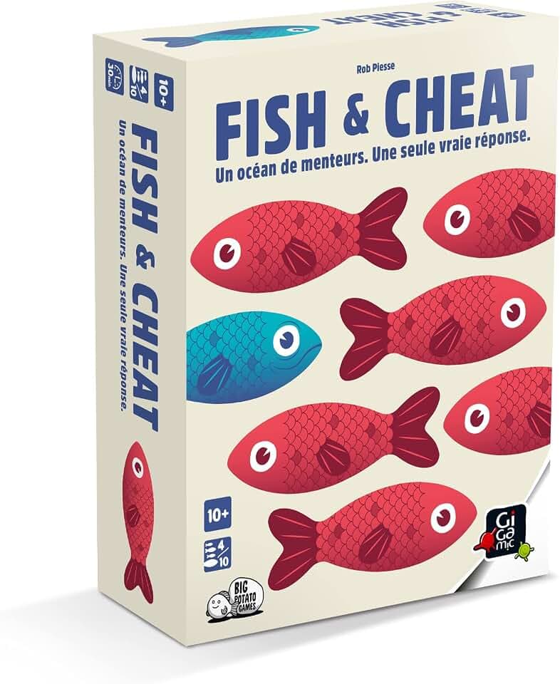 Gigamic - Fish & Cheat – Das Bluff-Spiel, Familie, schnell – für Kinder ab 10 Jahren und Erwachsene – Versuchen Sie, die richtige Antwort aus dem Meer der Lügen zu entdecken. - Für 4 bis 10 Spieler.