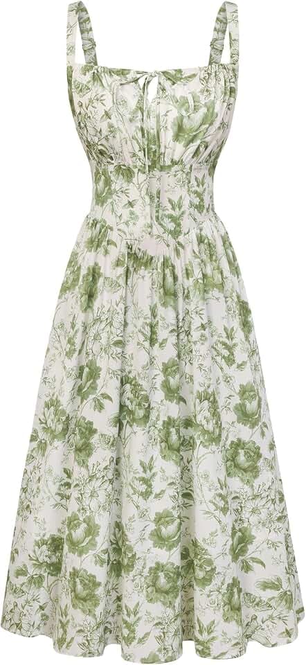 SCARLET DARKNESS Damen Viktorianisches Blumen Korsett Spaghetti Sommerkleid | Ärmellose Spaghettiträger Sundress, Verstellbare Schultergurte, Gesmokt Hinten, mit Taschen, Cottagecore Milkmaid Kleid