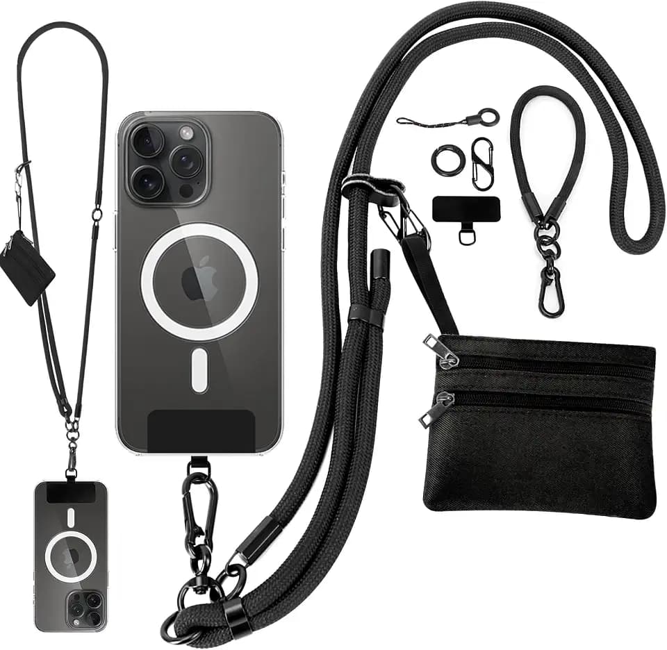 Newlibery Phone Lanyard Crossbody Wrist Strap, Clip and Go Strap for Phone with Wallet, Adjustable Anti-Theft Cell Phone Strap for All Phones (Black Lanyard + Black Wallet)