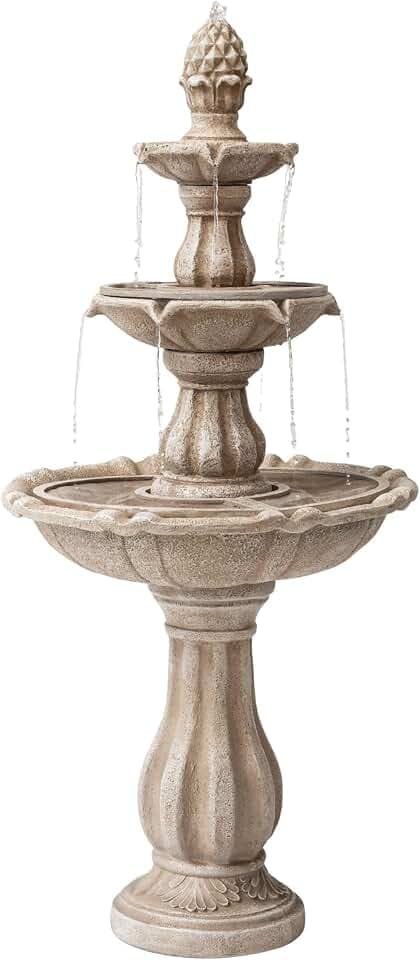 XBrand 51" 3-Tier Outdoor Water Fountain with Pump, Weather-Resistant Resin Freestanding Water Feature for Garden & Patio, Beige, Large Backyard Decor