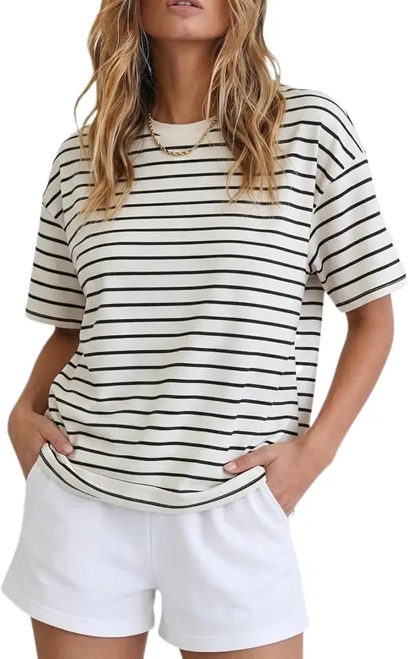 Allimy Women's Vintage Boxy Cropped Tee Short Sleeve Striped T Shirt Loose Fit Tops Casual Summer Blouses