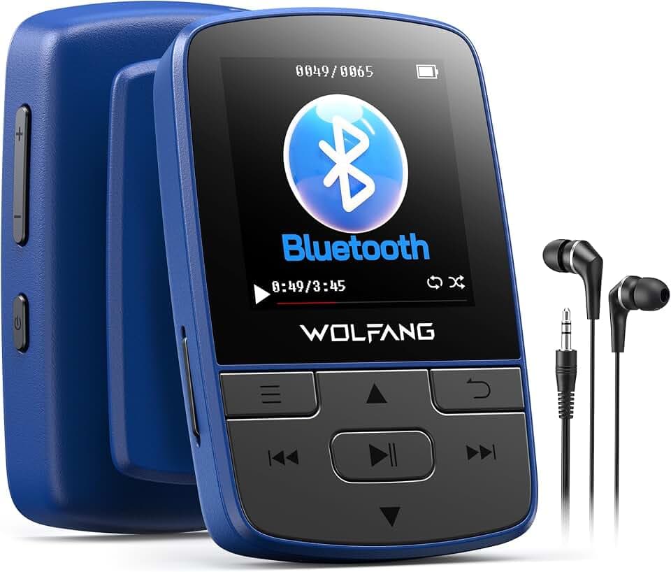 WOLFANG MP3-Player mit Bluetooth 5.2, Sportclip, Mini-Größe, Gewicht 28,3 g, HiFi FM-Radio, Diktiergerät, Kopfhörer im Lieferumfang enthalten