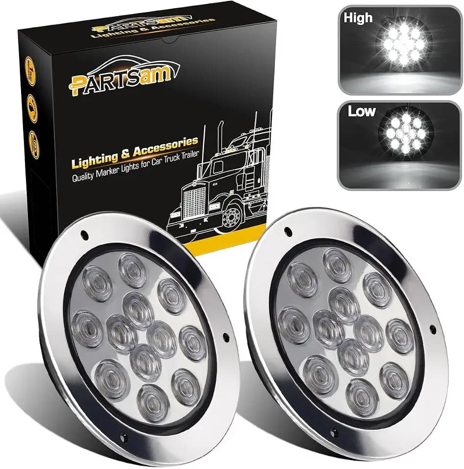 Partsam 2PCS 12 LED White 4" Round Backup Reverse Lights Marker w/Stainless Rings Sealed