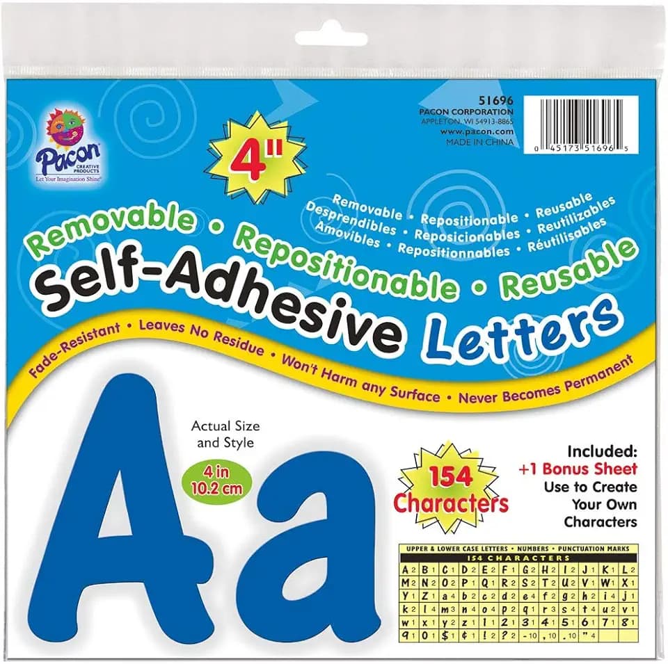 Pacon Reusable Self-Adhesive Vinyl Letters & Numbers Cheery Font 4" Blue