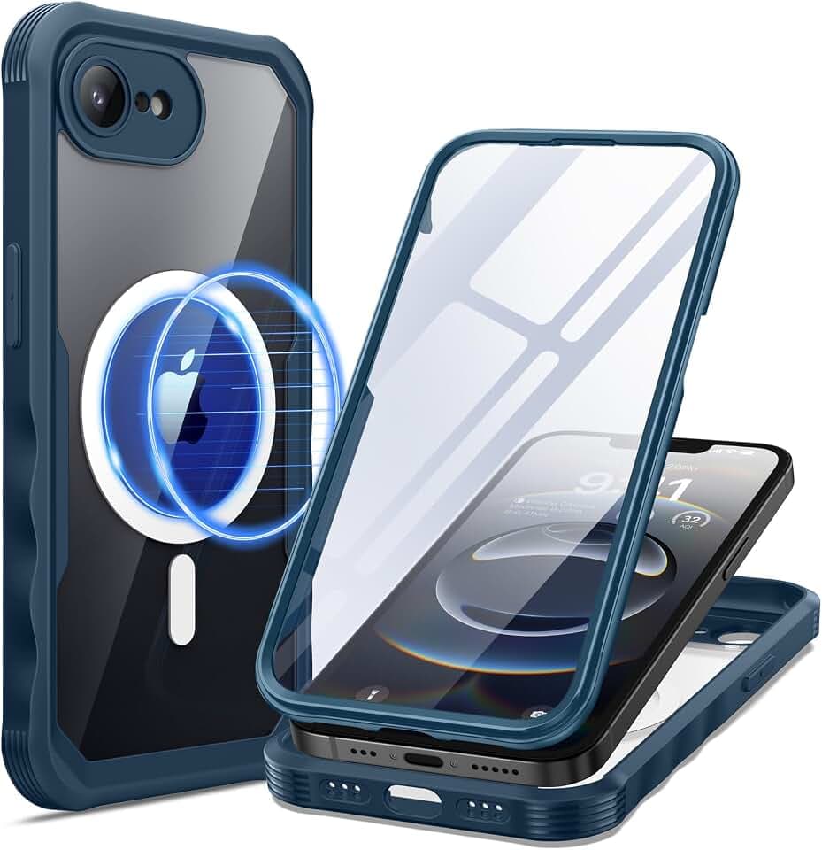 seacosmo Hülle für iPhone 16E/17E Hülle [Kompatibel mit MagSafe], Eingebaut 9H Panzerglas Displayschutz & Kamera Schutzfolie, 360 Grad Schutzhülle Full Body Militärschutz Stoßfest Handyhülle -Blau