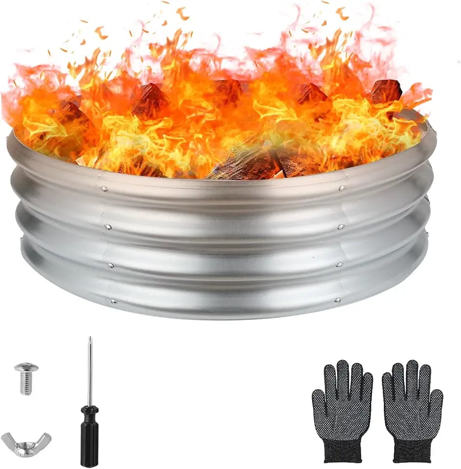 Raynesys 36" Round Galvanized Fire Pit Ring for Outdoor Wood Burning Silver