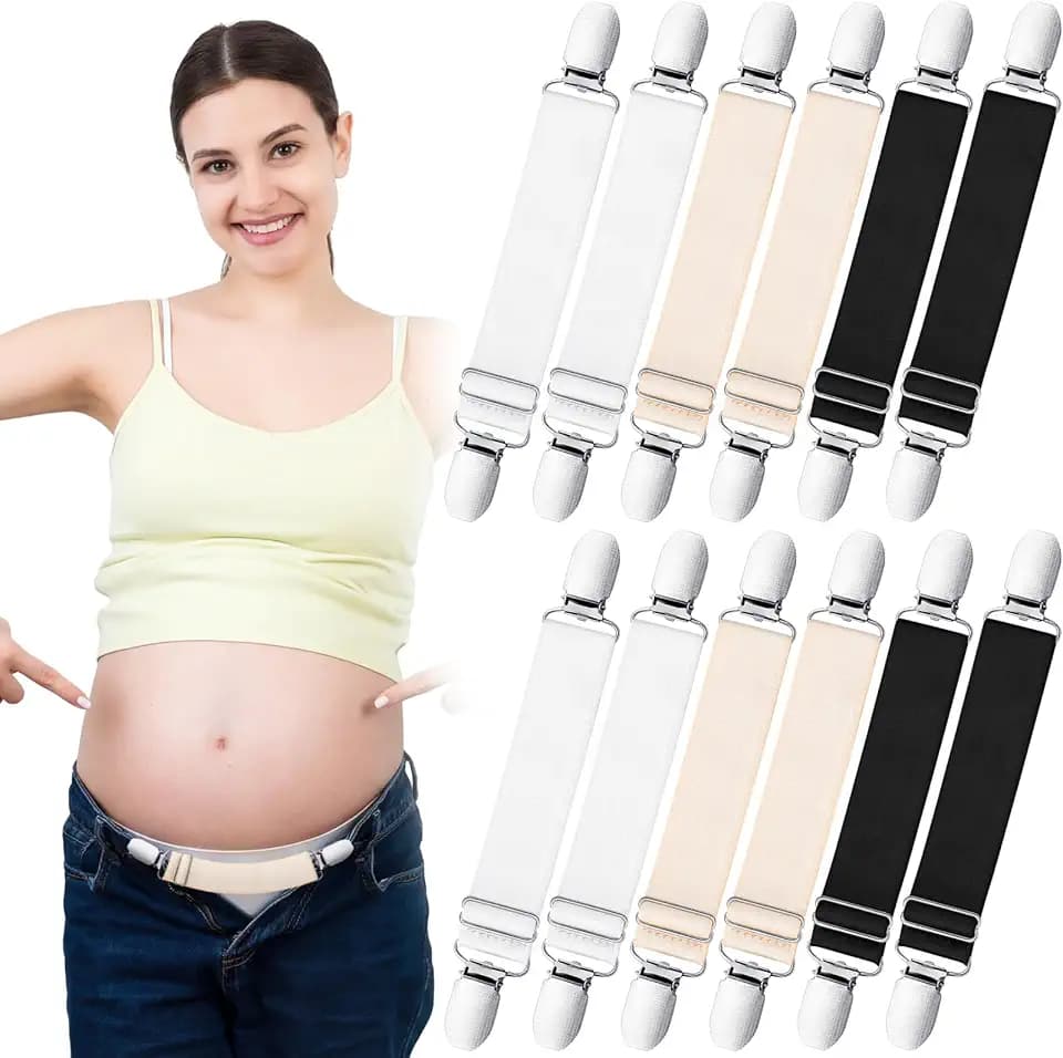 Janmercy 12 Stück verstellbare Schwangerschafts-Hosenträger, Hosen-Steigbügel unter der Kleidung, elastische Kleiderclips für schwangere Frauen, zum Hochziehen, Beige, Weiß, Schwarz, Einheitsgröße