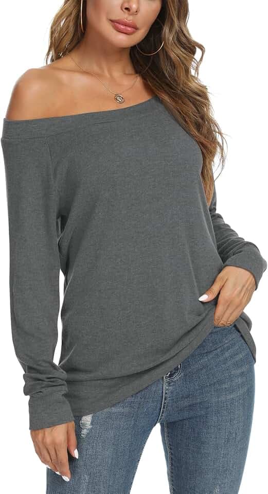 YSYOKOW Women's Off Shoulder Long Sleeve Tunic Top Boat Neck Loose Fit