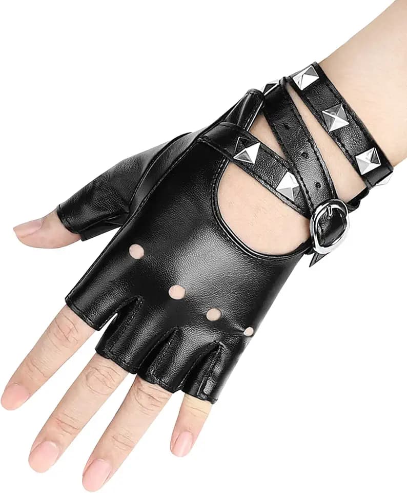FLORVIV Black Fingerless Gloves PU Faux Leather Goth Cosplay Costume Punk Halloween Performance for Women
