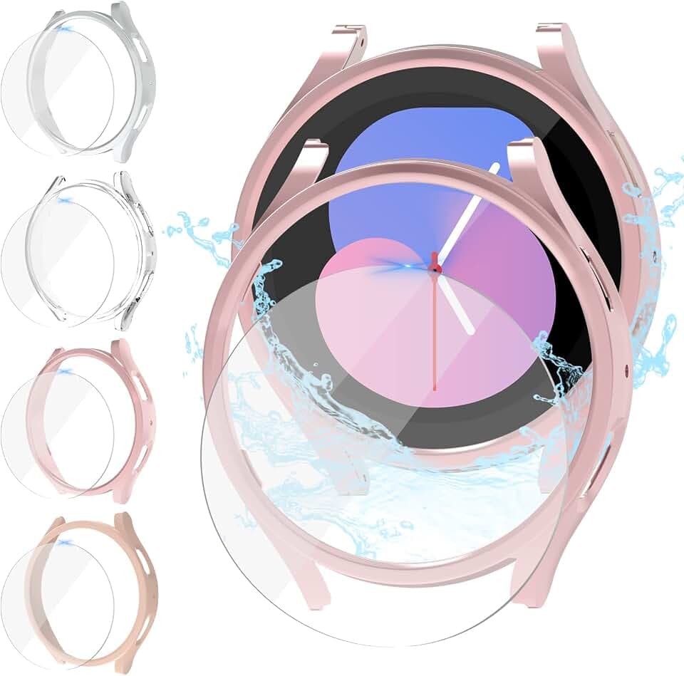 [4+4Stück] Matt Hülle 40mm für Samsung Galaxy Watch 5/4 / FE mit Glas Display Schutz, Hart PC Bumper Schutzhülle + Gehärtetes Glas Schutzfolie (Roségold+SandRosa+Silber+Klar)