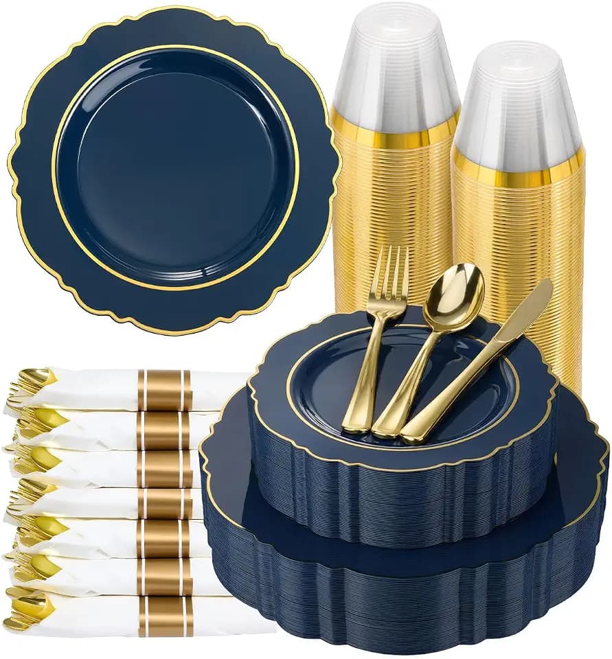 realluck 350 Piece Navy Blue Disposable Plates for 50 Guests
