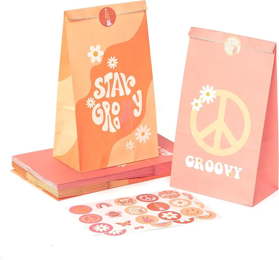 A1DIEE 24 Stück Groovy Retro Papiertüten Hippie Geschenktüten Boho Party Bags with Stickers Star Pink Orange Snacks Candy Party Favors Supplies Paper Bag Regenbogen für Giveaways Geburtstag